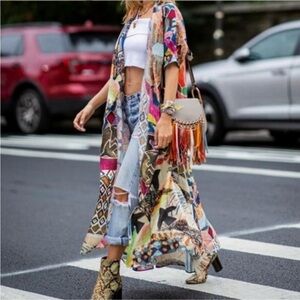 Swahili Duster Kimono Colorful Bold open front ankle length cover up robe tribal